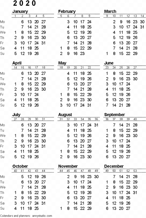 2020 Calendar PNG