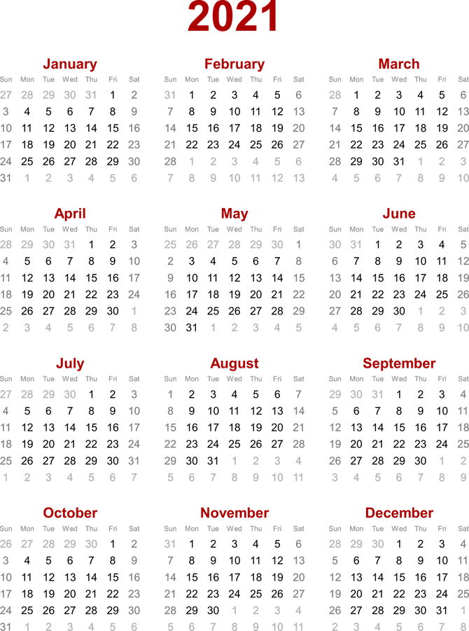 2021 Calendar PNG