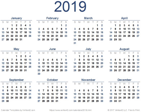 2019 Calendar PNG