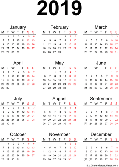 2019 Calendar PNG