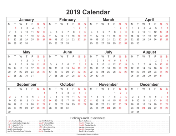 2019 Calendar PNG