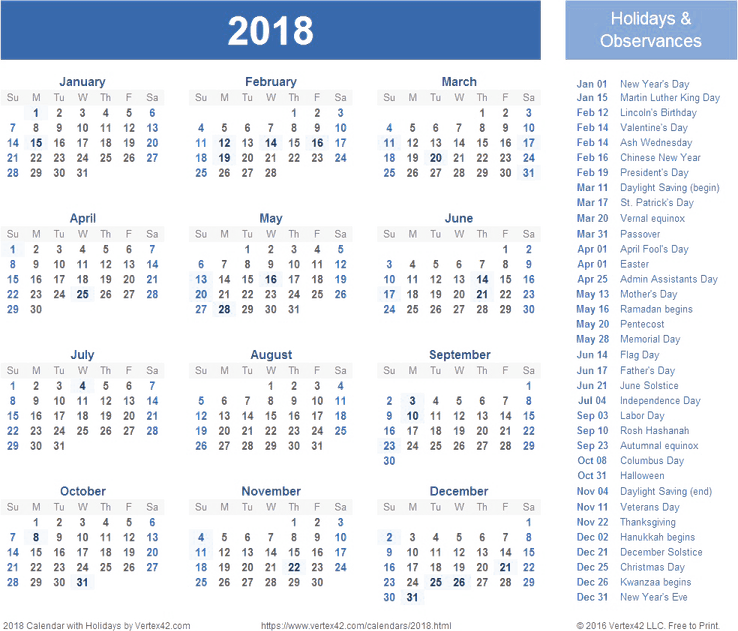 2018 Calendar PNG